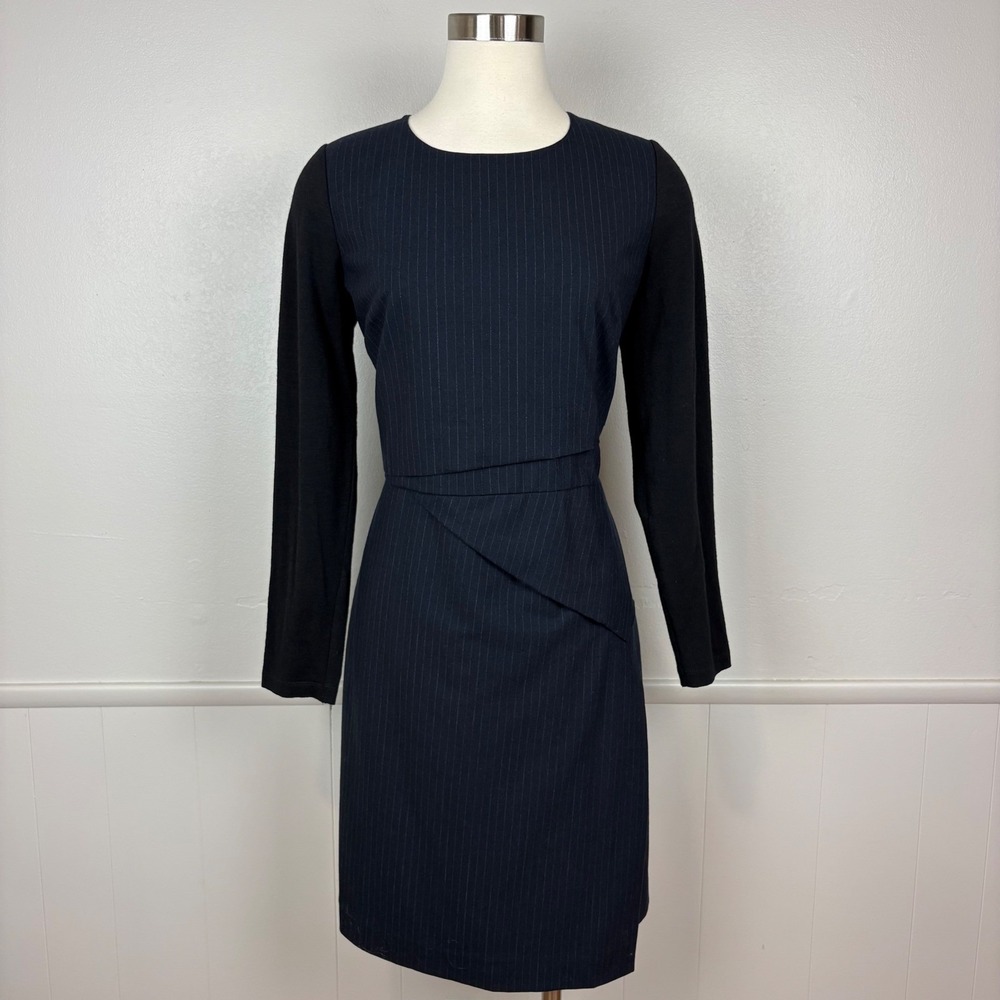 Donna Karan‎ DKNY Wool Pinstripe Work Dress Size 12 Navy Black Long Sleeve Edgy